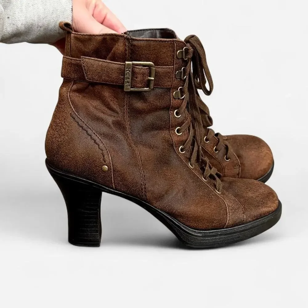 Vintage Y2K Mudd Brown Distressed Lace Up Heeled Moto Grunge Boots Size 8.5
